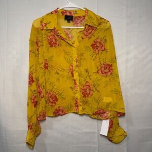 NWT Lumiere Womens Yellow Floral Print Sheer Button Up Shirt Size S